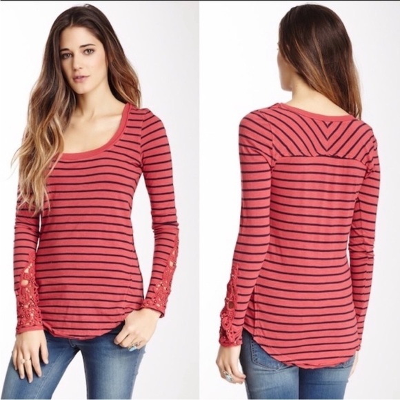 Free People Hard Candy Striped Henley Red Crochet Cuffs - Picture 14 of 14